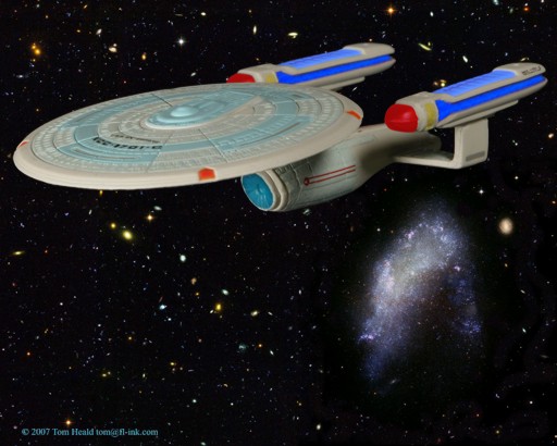 Star Trek: Enterprise C by the Arrowhead galaxy, NGC 1427A, which looks a lot like the Star Fleet insignia.