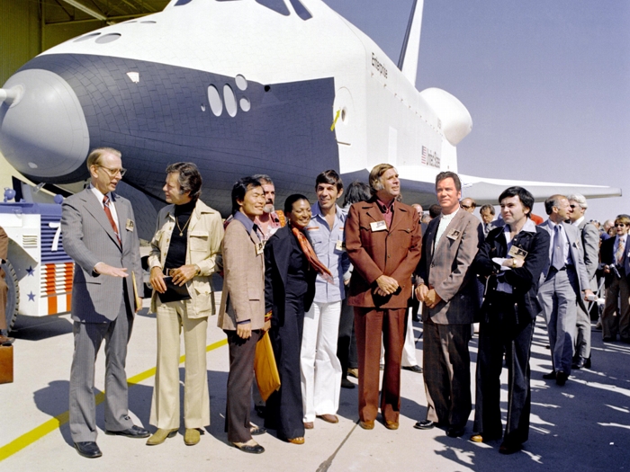 The Space Shuttle Enterprise and the Cast of Star Trek in 1976.
