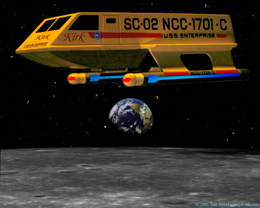 The Enterprise C's Shuttle Craft Kirk orbiting the Moon with a 3/4 Earth just over the horizon.  Heavily modified model by Hallmark.  Click to see an Enlarged (512 by 410 pixels) view.